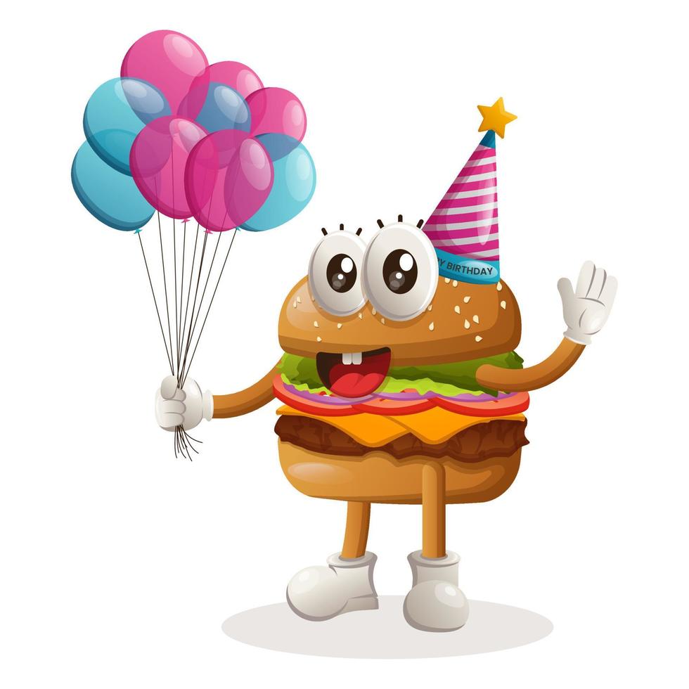 conception mignonne de mascotte de burger portant un chapeau d'anniversaire, tenant des ballons vecteur