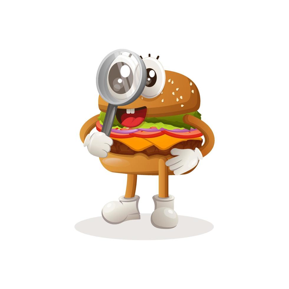 conception mignonne de mascotte de burger menant des recherches, tenant une loupe vecteur