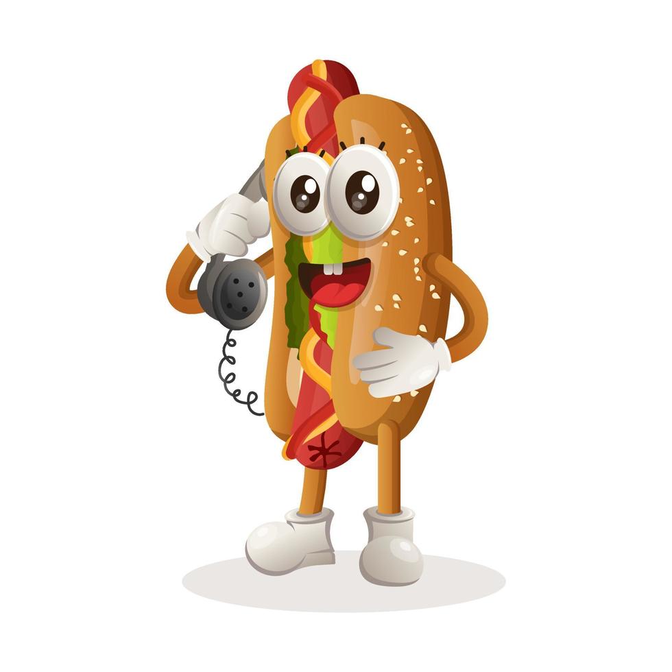 jolie mascotte de hot-dog décroche le téléphone, répond aux appels téléphoniques vecteur