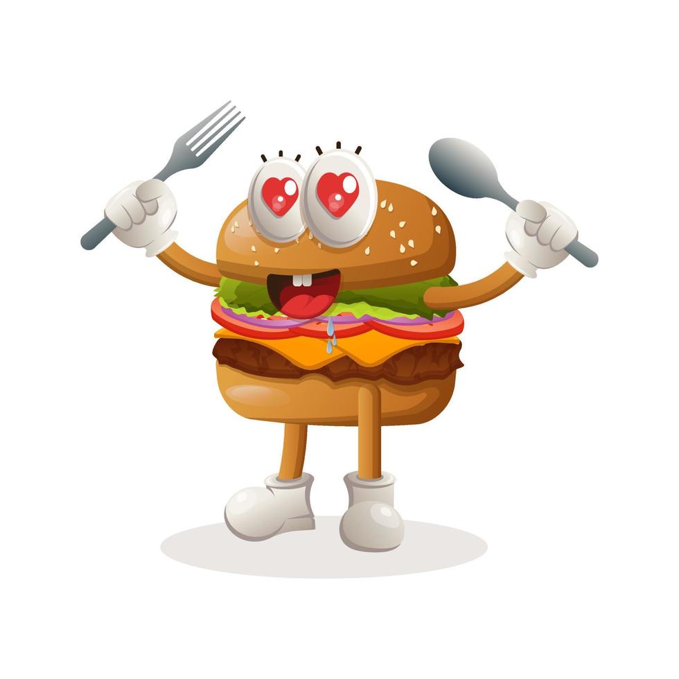 conception mignonne de mascotte de burger tenant une cuillère et une fourchette vecteur