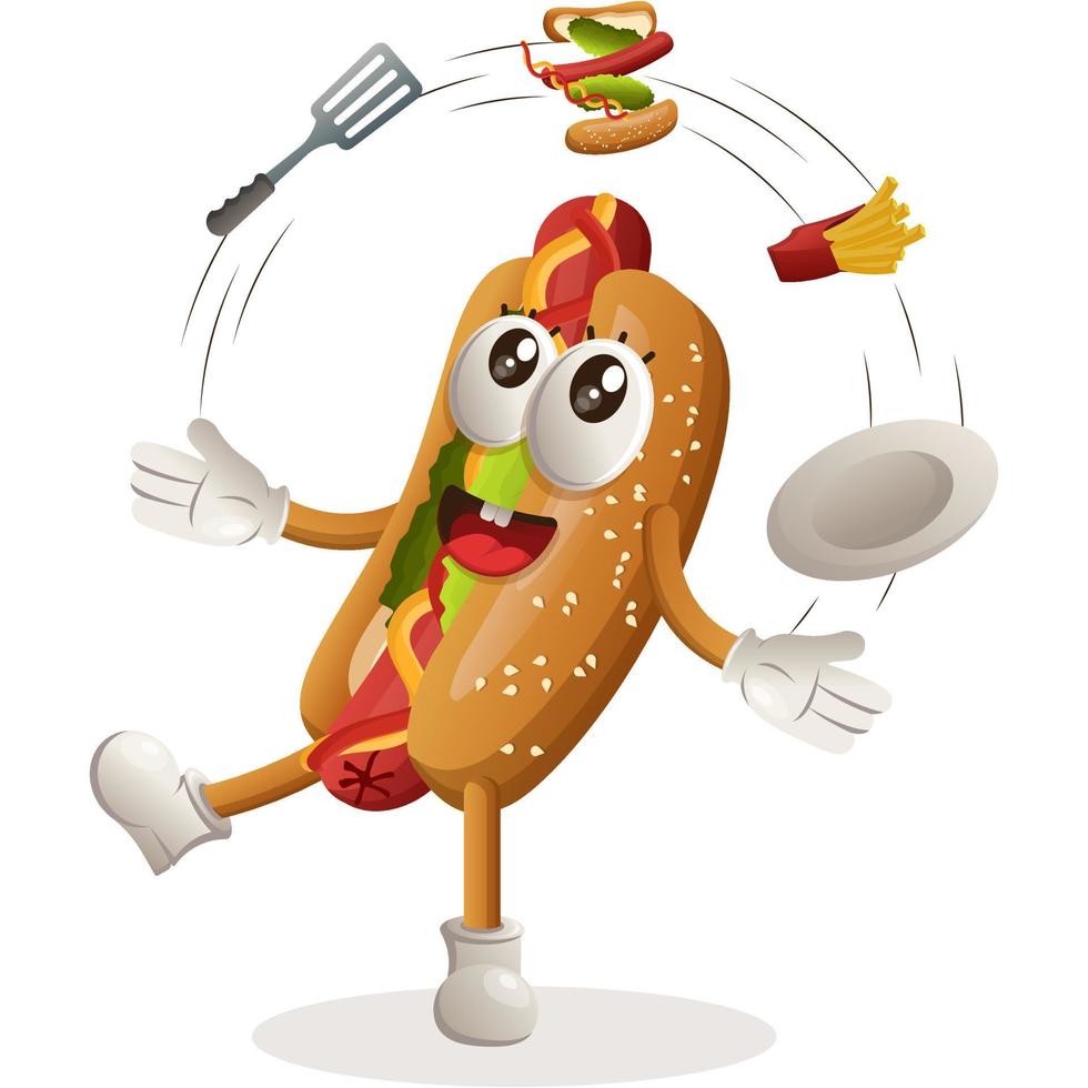 adorable mascotte de hot-dog en freestyle avec des hot-dogs vecteur