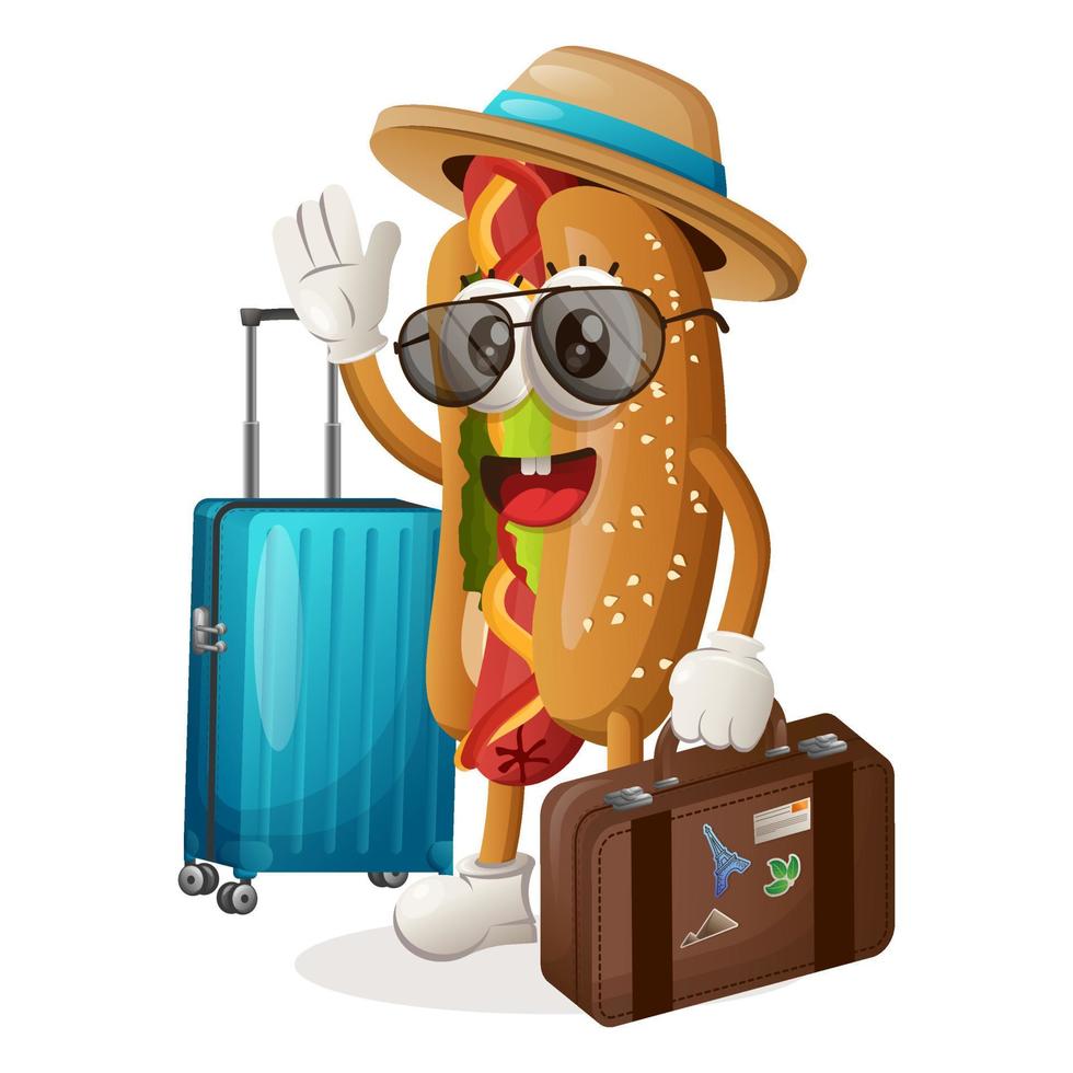 jolie mascotte de hot-dog en vacances vecteur