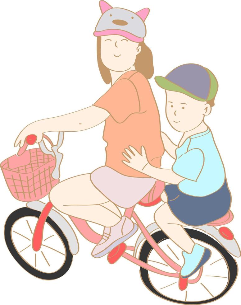 frères et sœurs dessinés à la main à bicyclette vecteur