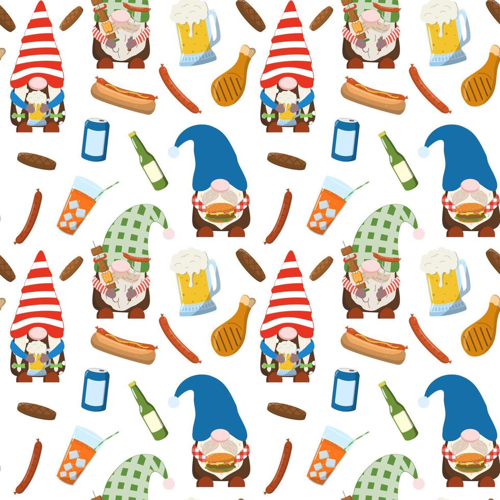 gnomes de barbecue d'été de dessin animé avec motif sans soudure de nourriture et de boissons grillées. isolé sur fond blanc. conception de vacances de fête de week-end d'été. vecteur