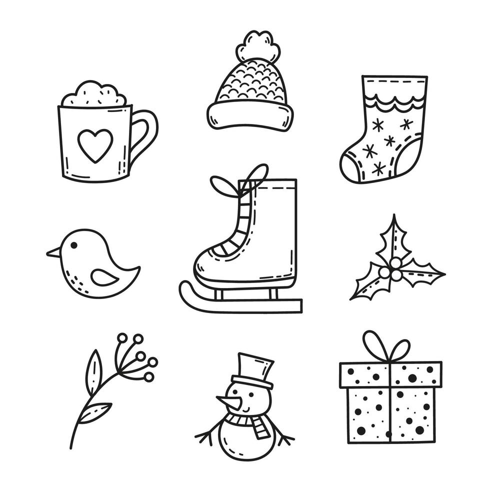 joli ensemble d'hiver. éléments de doodle de noël. icônes de contour vectoriel