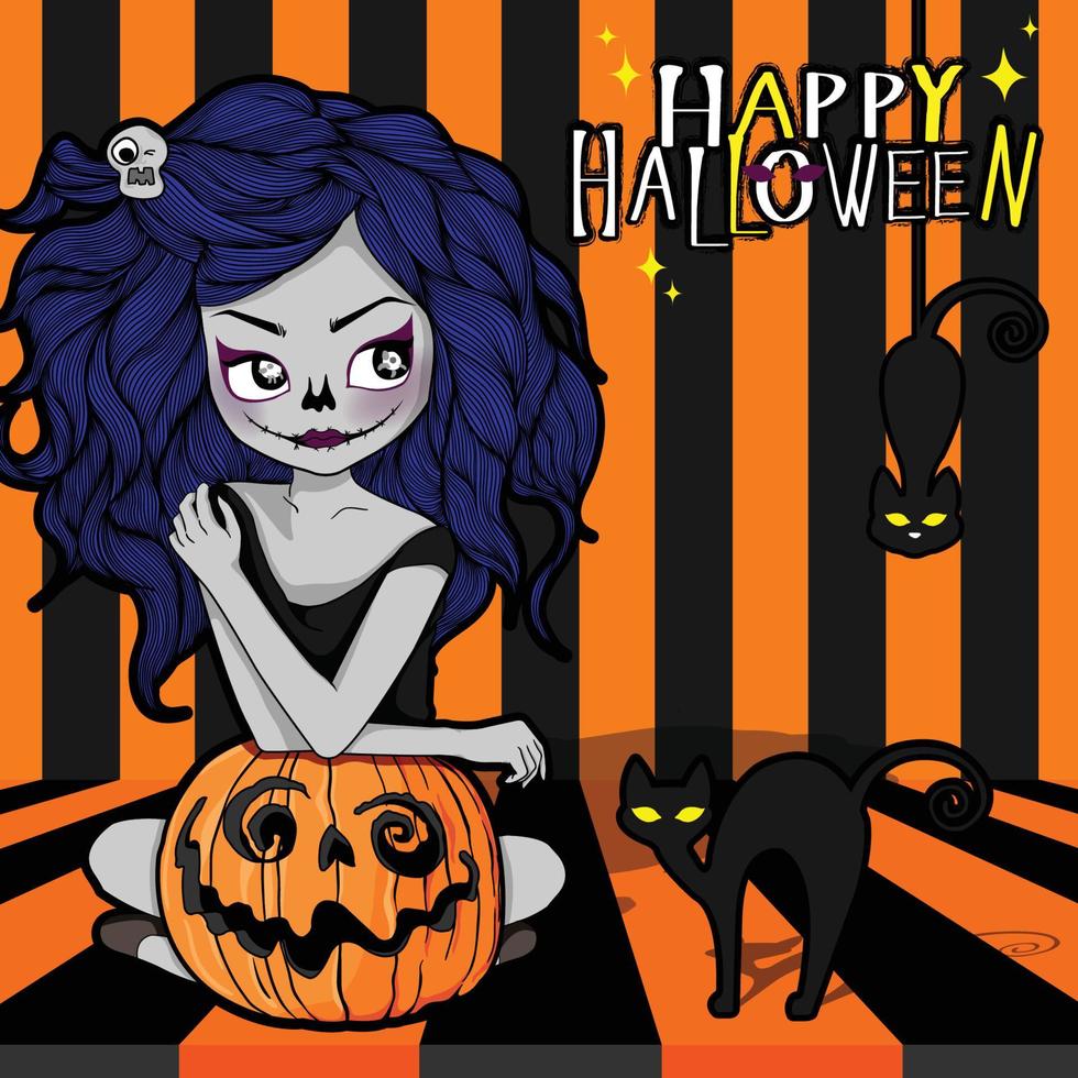 sorcière d'halloween avec citrouille sculptée et chat noir. femme de dessin animé pour le festival d'halloween effrayant. vecteur