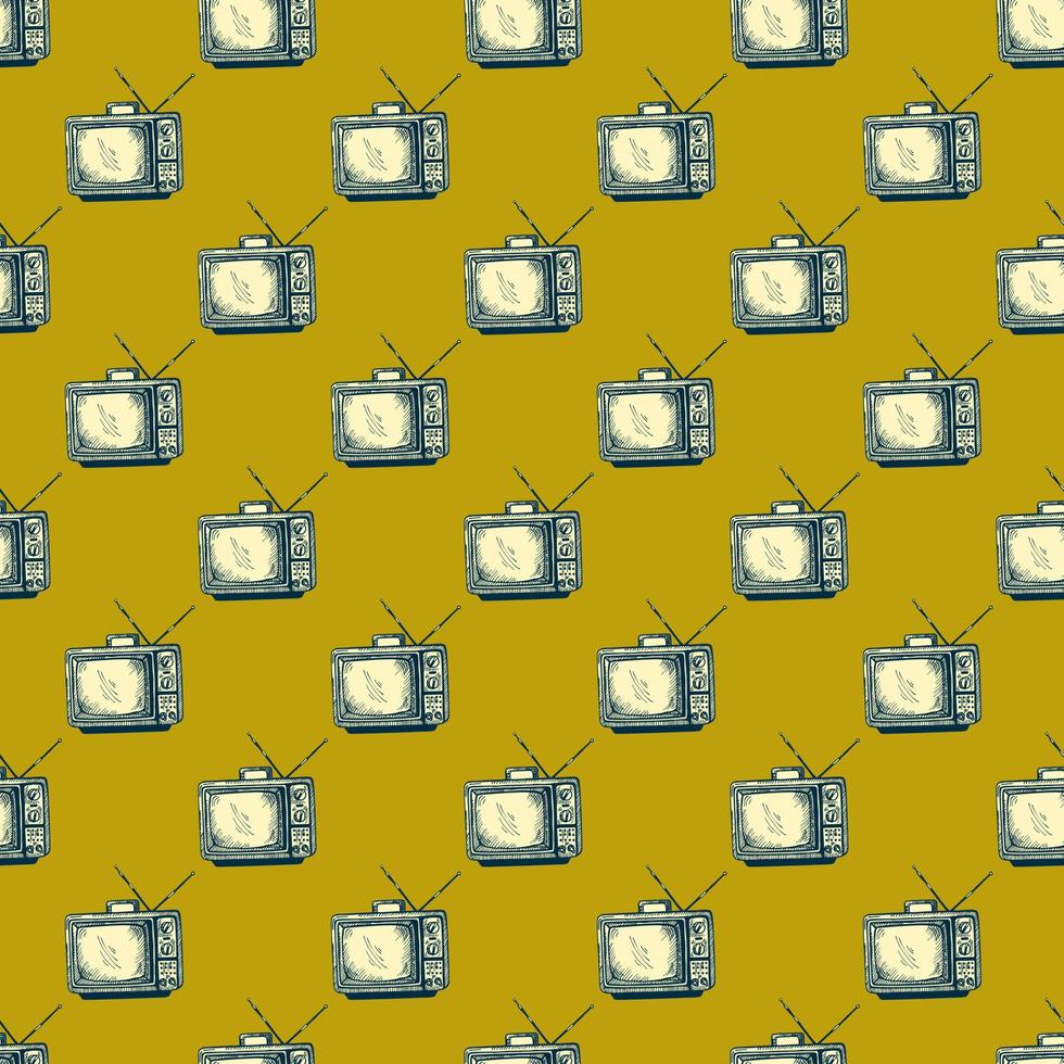 tv rétro avec motif harmonieux gravé d'antenne. télévision vintage dans un style dessiné à la main. vecteur