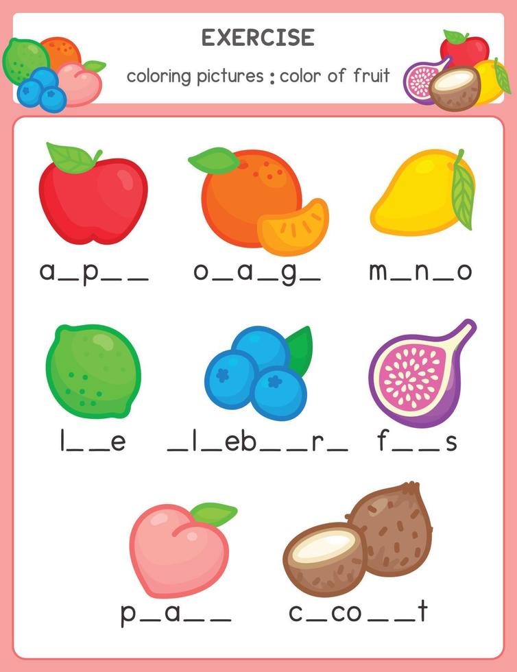 remplir l'alphabet dans les blancs sur les fruits dans la feuille d'exercices de sujets scientifiques kawaii doodle vector cartoon