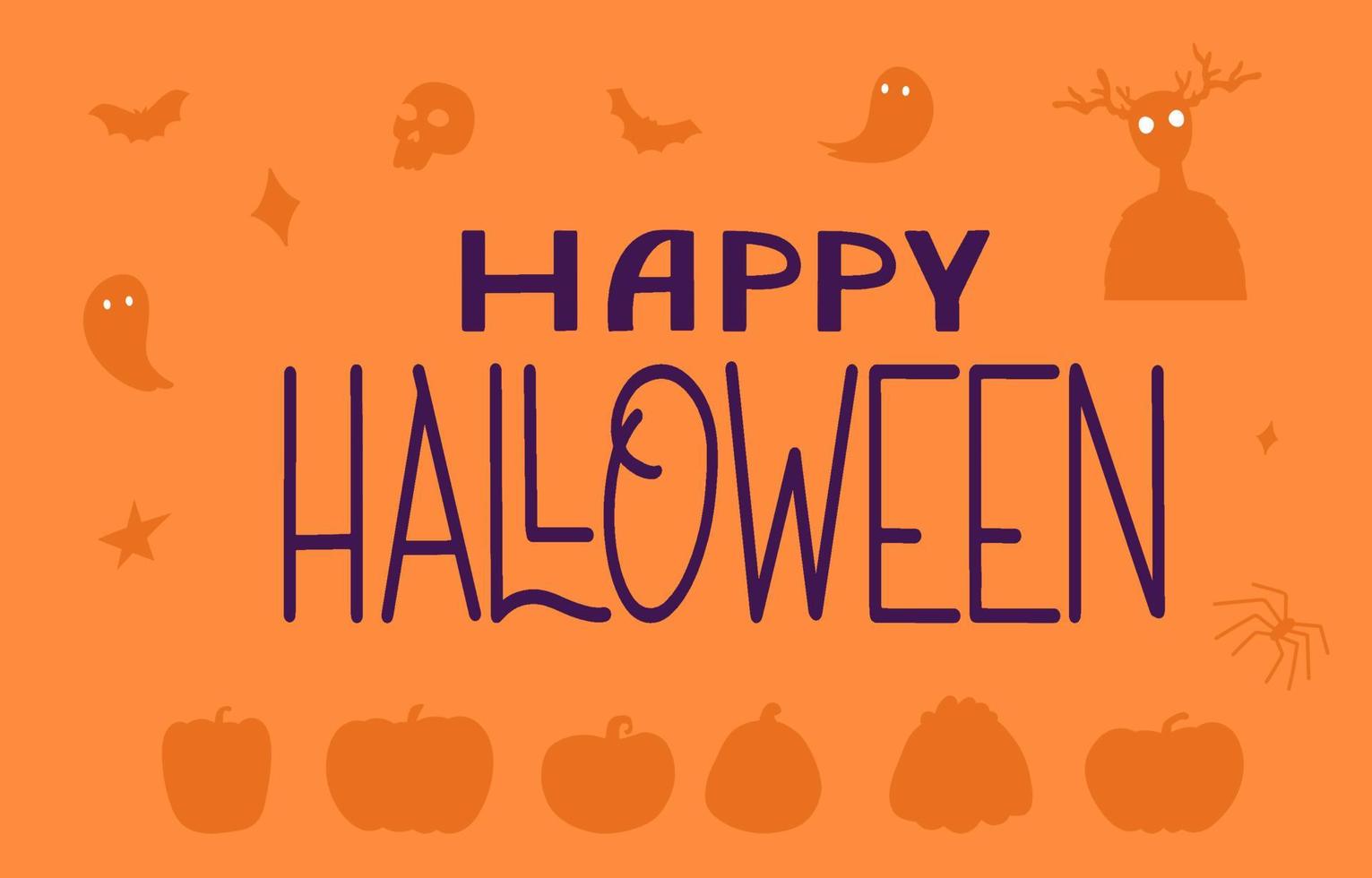 bannière de texte joyeux halloween. affiche d'automne avec citrouille, toile, chauve-souris, fantômes. illustration vectorielle plane vecteur