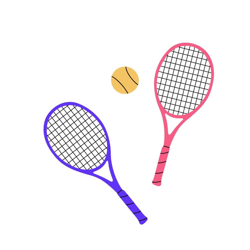 balles de tennis et raquettes de tennis. balles de tennis jaunes. conception de tennis sport, fitness, conception d'activités. illustration de vecteur plat isolé sur fond blanc