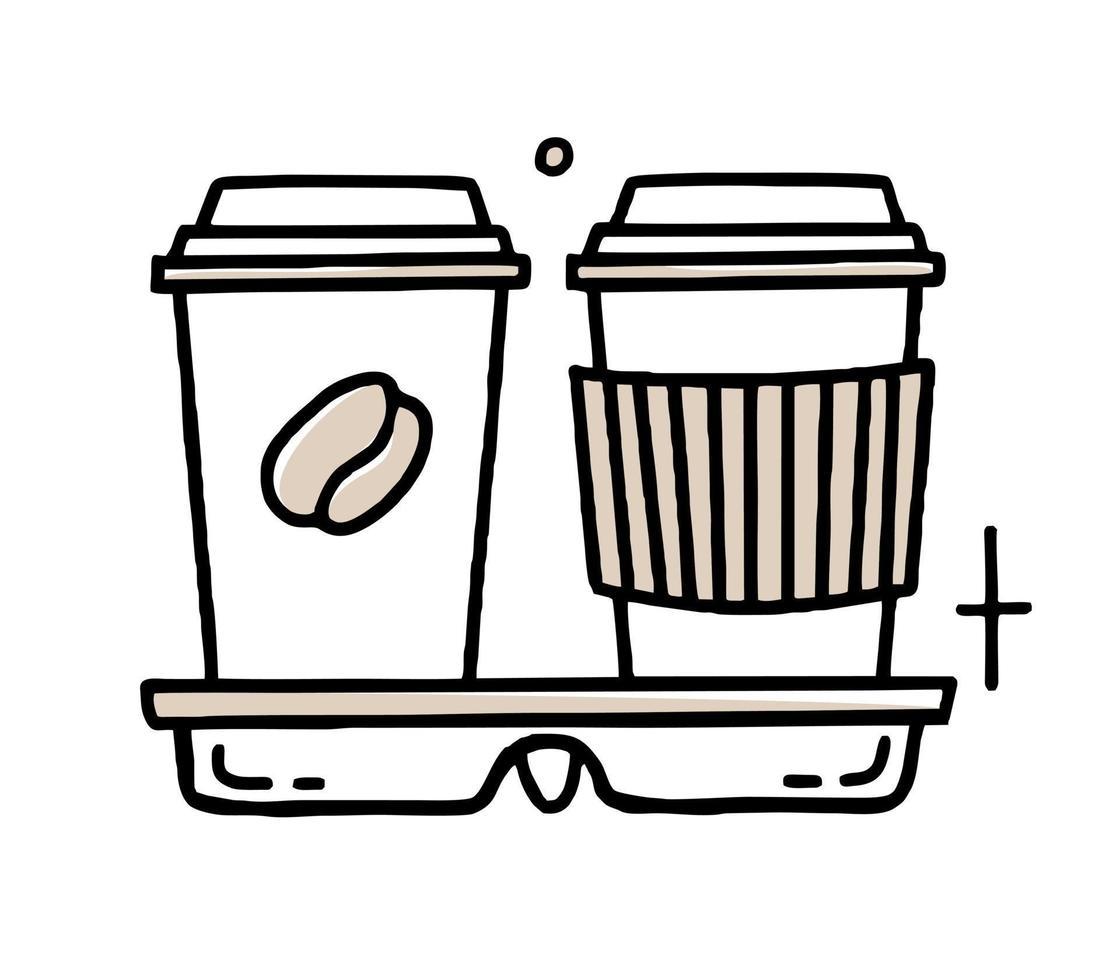 tasse en papier de café doodle clipart en illustration vectorielle noir et beige dans un style dessiné à la main vecteur