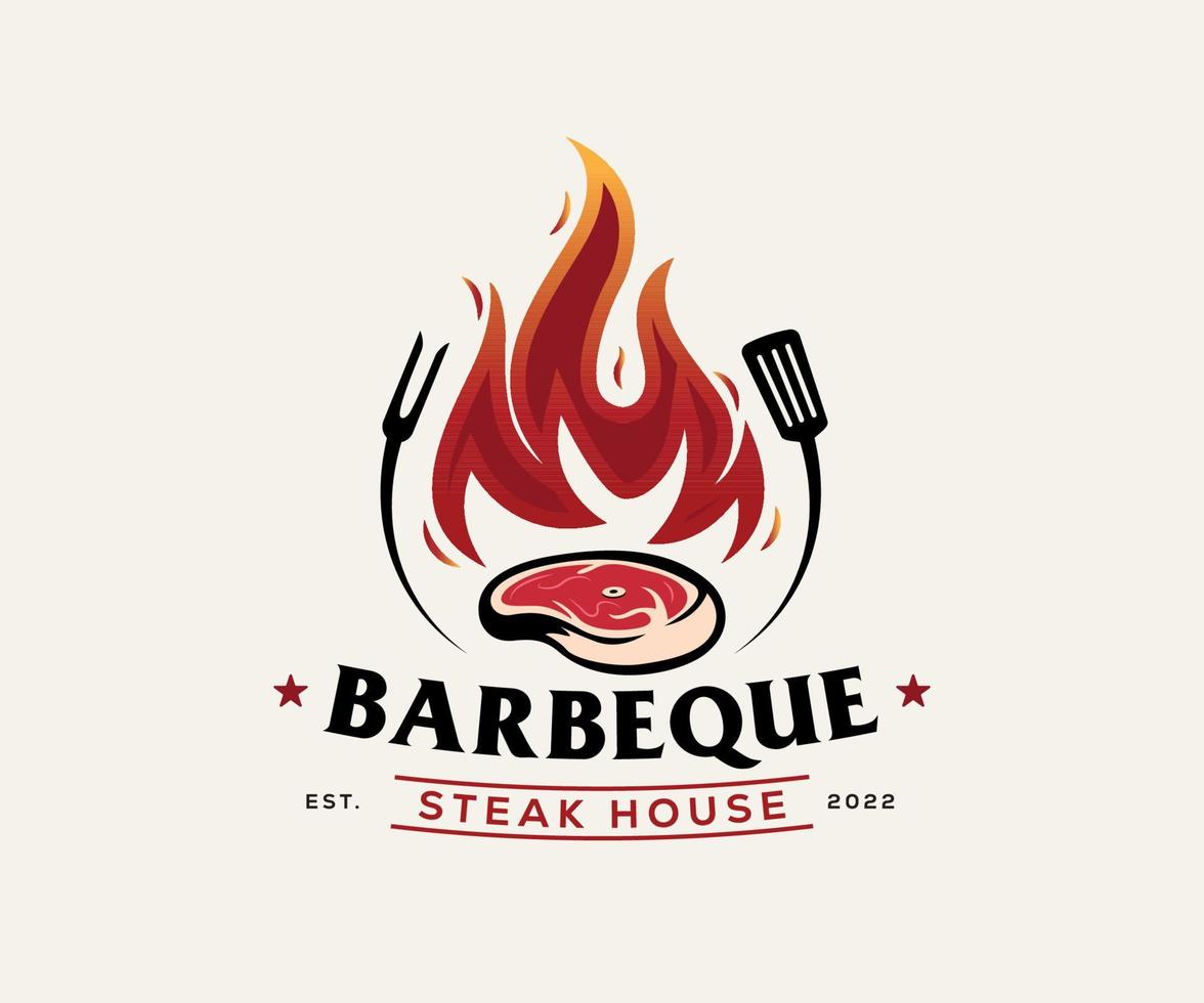 concept de feu de logo de barbecue combiné avec du steak de boeuf et une spatule vecteur