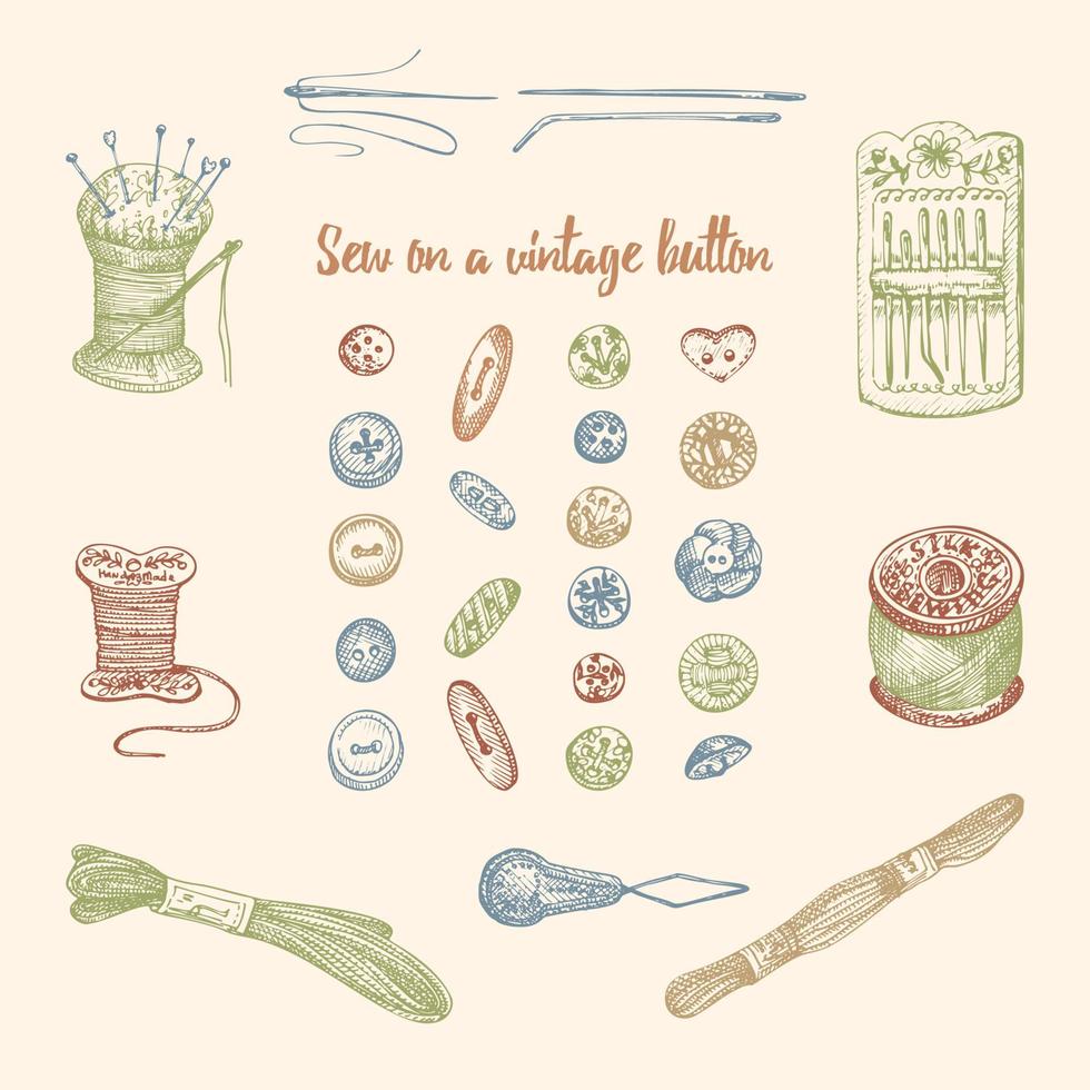 ensemble d'outils de couture vintage dessinés à la main. boutons, aiguilles, fil de soie, fils à broder, tampon à aiguille, style de gravure de croquis de bobines. éléments pour logos, icônes isolés sur fond beige. vecteur