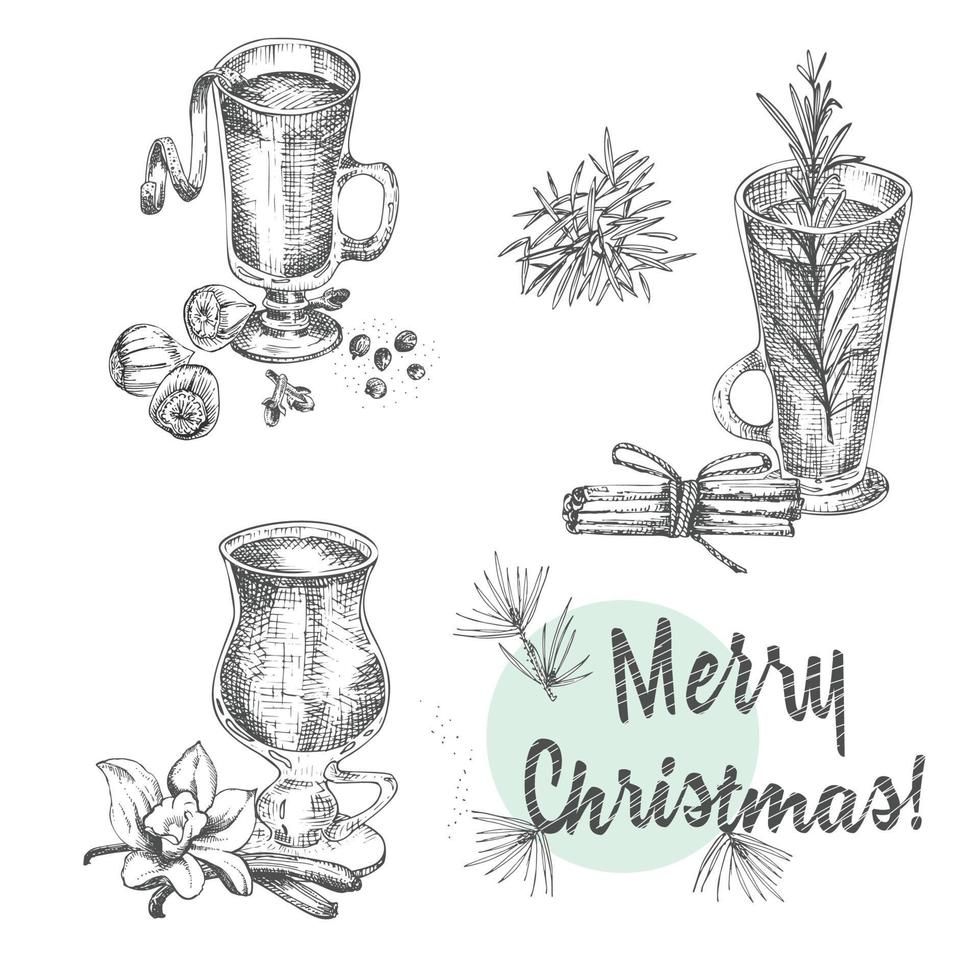 ensemble de motifs d'épices d'hiver de noël dessinés à la main, verres de boissons d'hiver traditionnellement chaudes et bouteille de vin. bonne idée pour le menu des modèles, les recettes, les cartes de voeux. illustration vectorielle vecteur