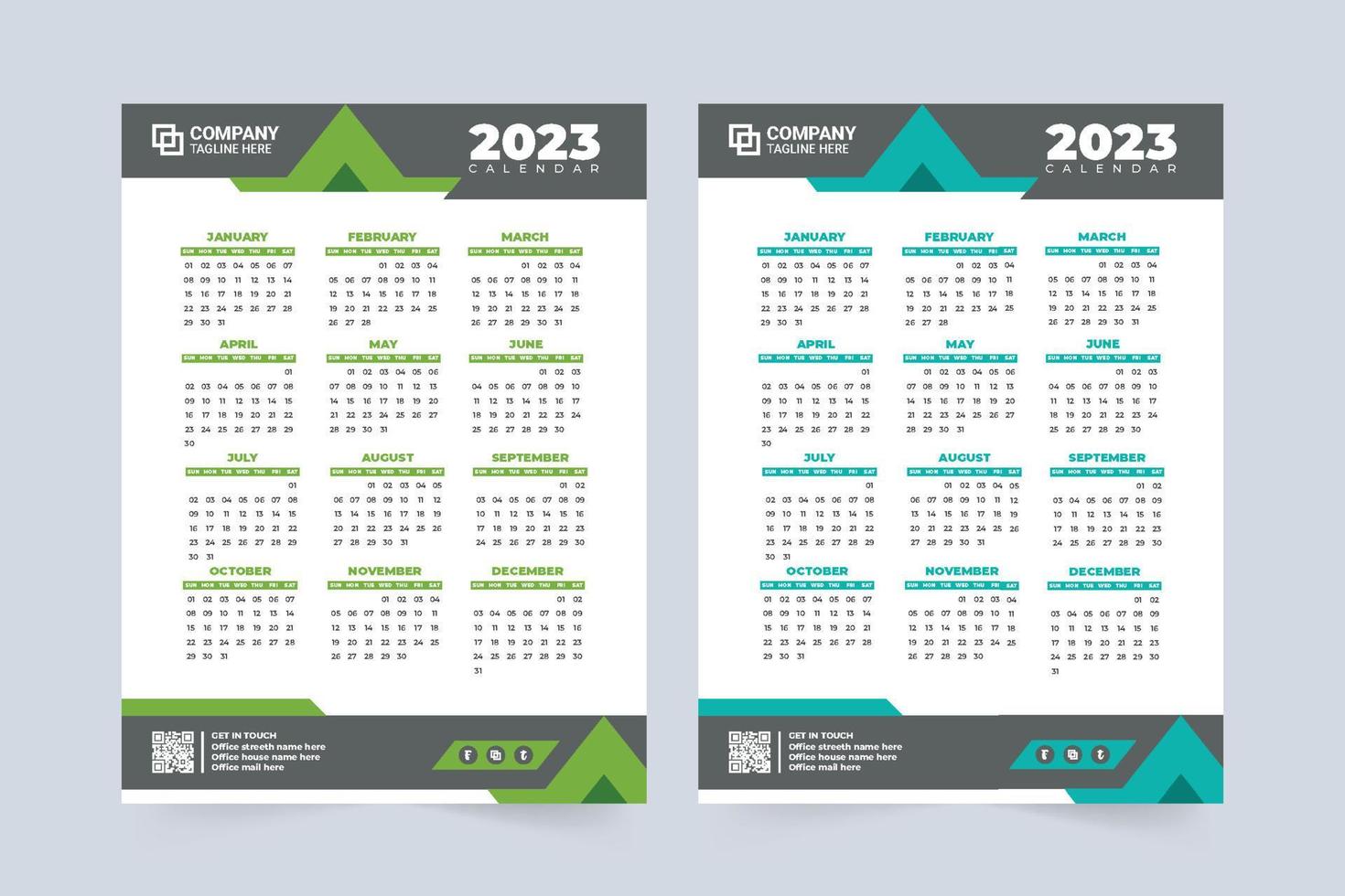 Conception de calendrier 2023 avec une nuance de couleur verte et bleue. calendrier mural annuel d'entreprise et vecteur de modèle de papeterie de bureau. la semaine commence le dimanche. vecteur de calendrier de nouvel an avec des formes abstraites.