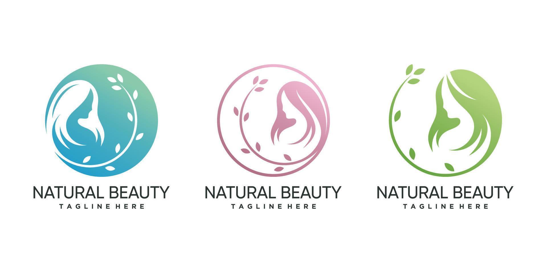 logo de beauté naturelle avec feuille et femme silhouette concept vecteur premium