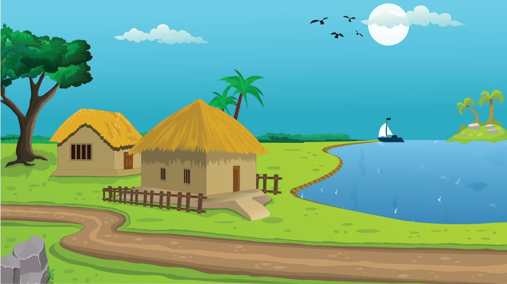 illustration de fond de dessin animé de village avec soleil, chalet, lac, arbres et route étroite. vecteur