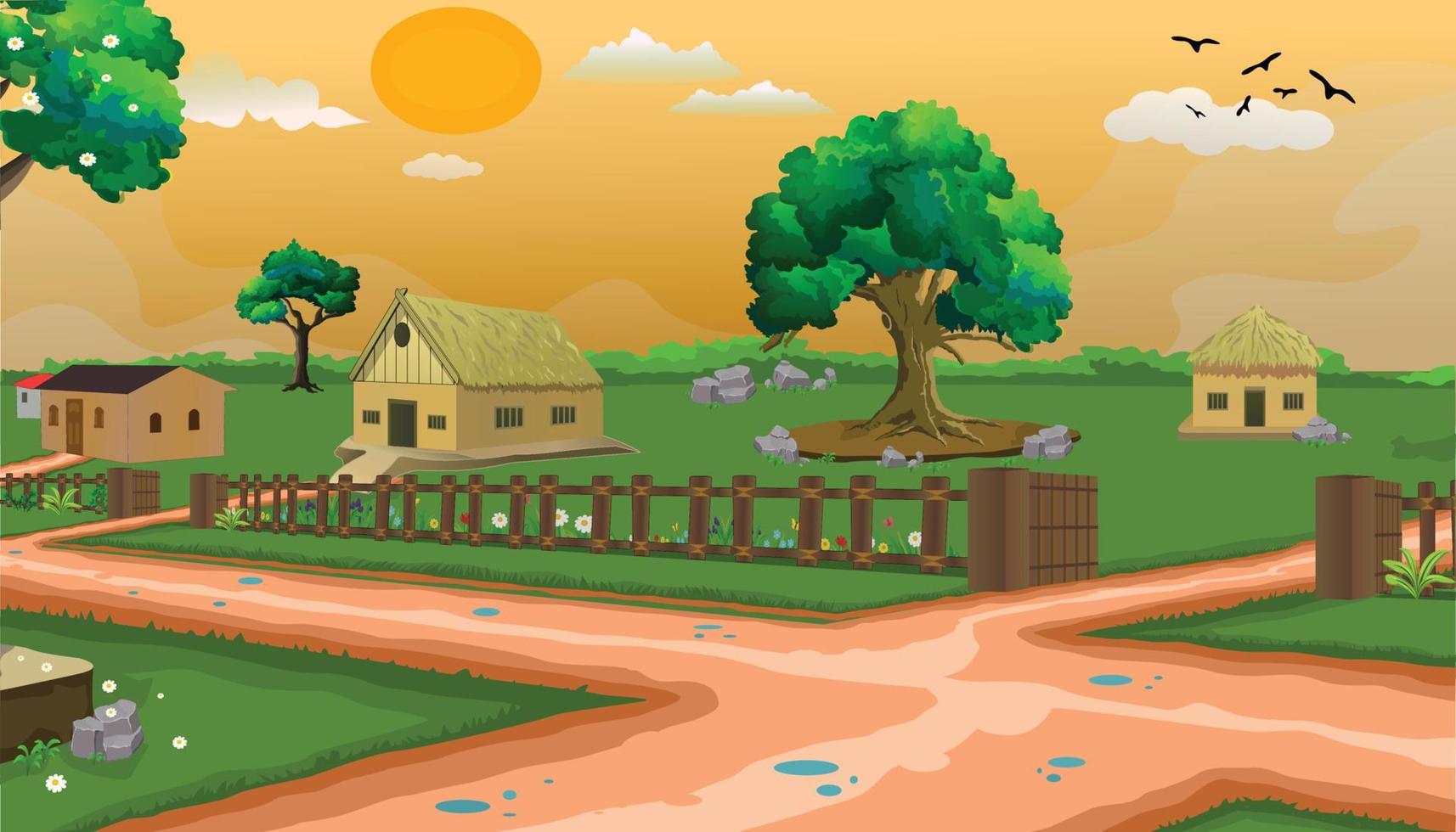 illustration de fond de dessin animé de village fond du matin avec soleil, quatre arbres de maisons et route étroite. vecteur