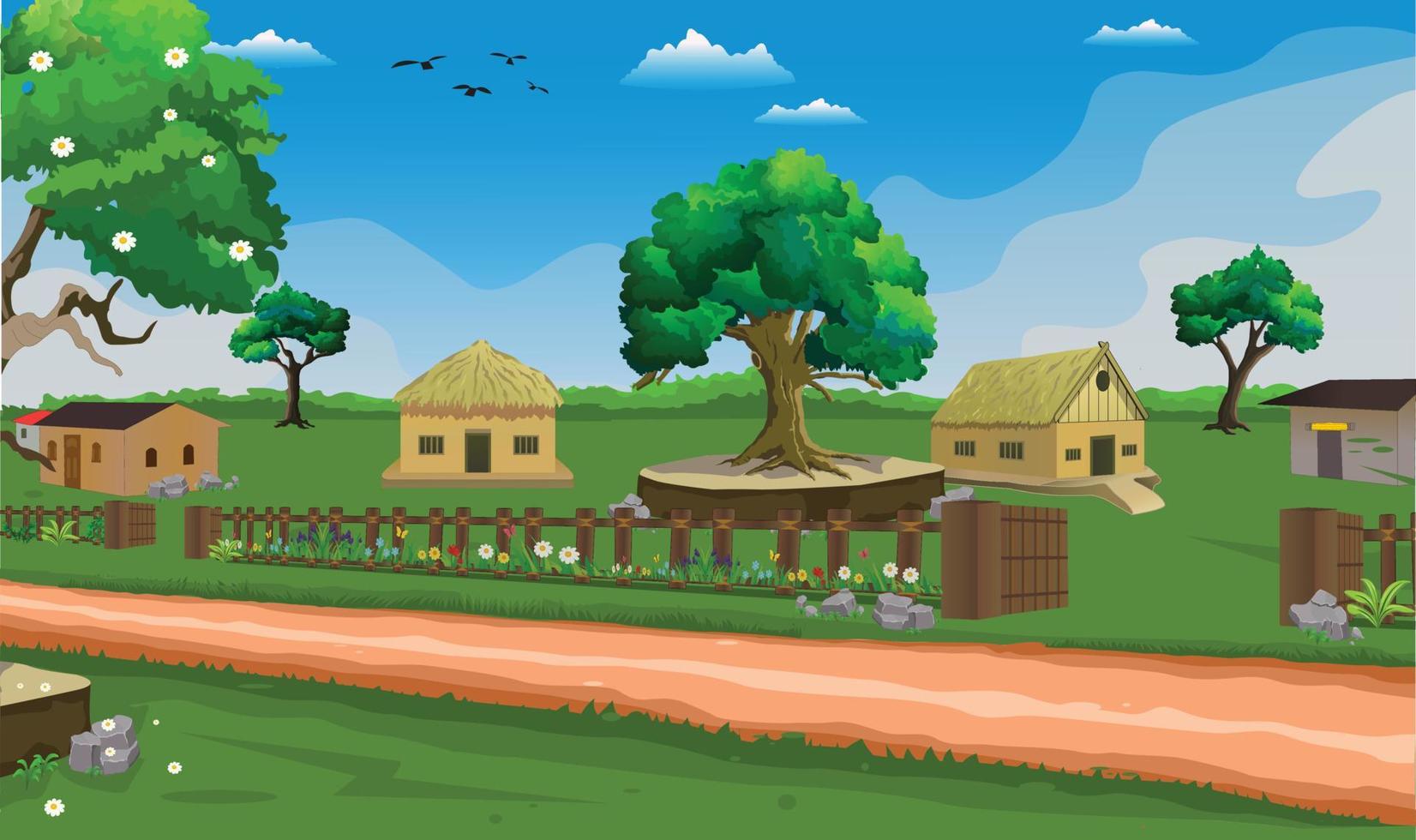 fond d'illustration de fond de dessin animé de village avec soleil, quatre arbres de maisons et route étroite. vecteur