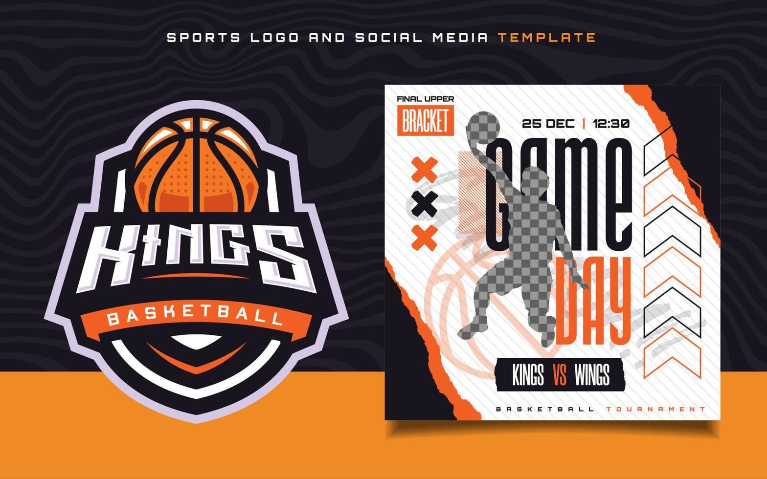 logo de sport de basket-ball et dépliant de bannière du jour du match pour la publication sur les réseaux sociaux vecteur