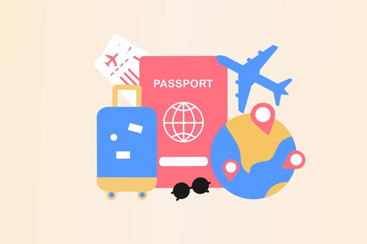 voyager en avion, planifier le tourisme sur le concept de vacances d'été. voyage d'affaires avec passeport et sac de voyage. billet en ligne, réservation de voyage et concept de service. illustration vectorielle plane. vecteur