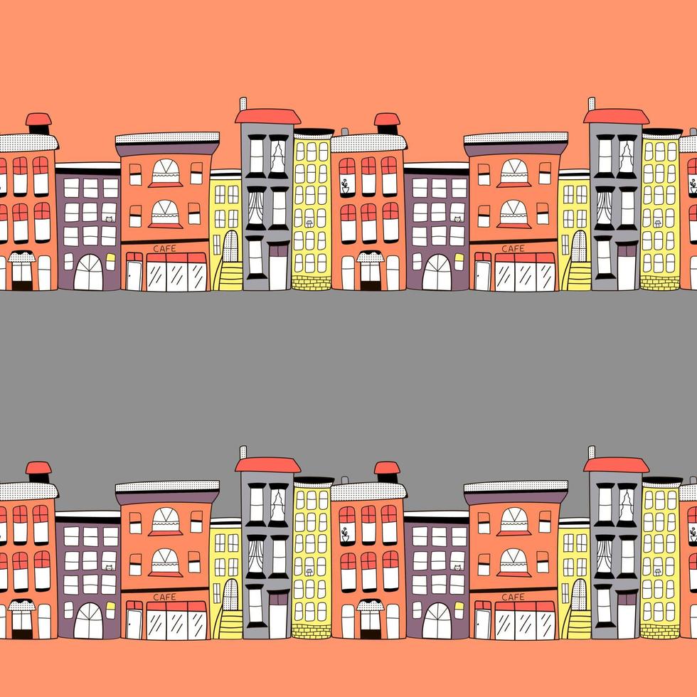 modèle sans couture de vecteur avec des maisons colorées de style doodle mignon sur un fond coloré, rue de la ville colorée. illustration pour enfants pour cartes postales, emballages, papiers peints, tissus