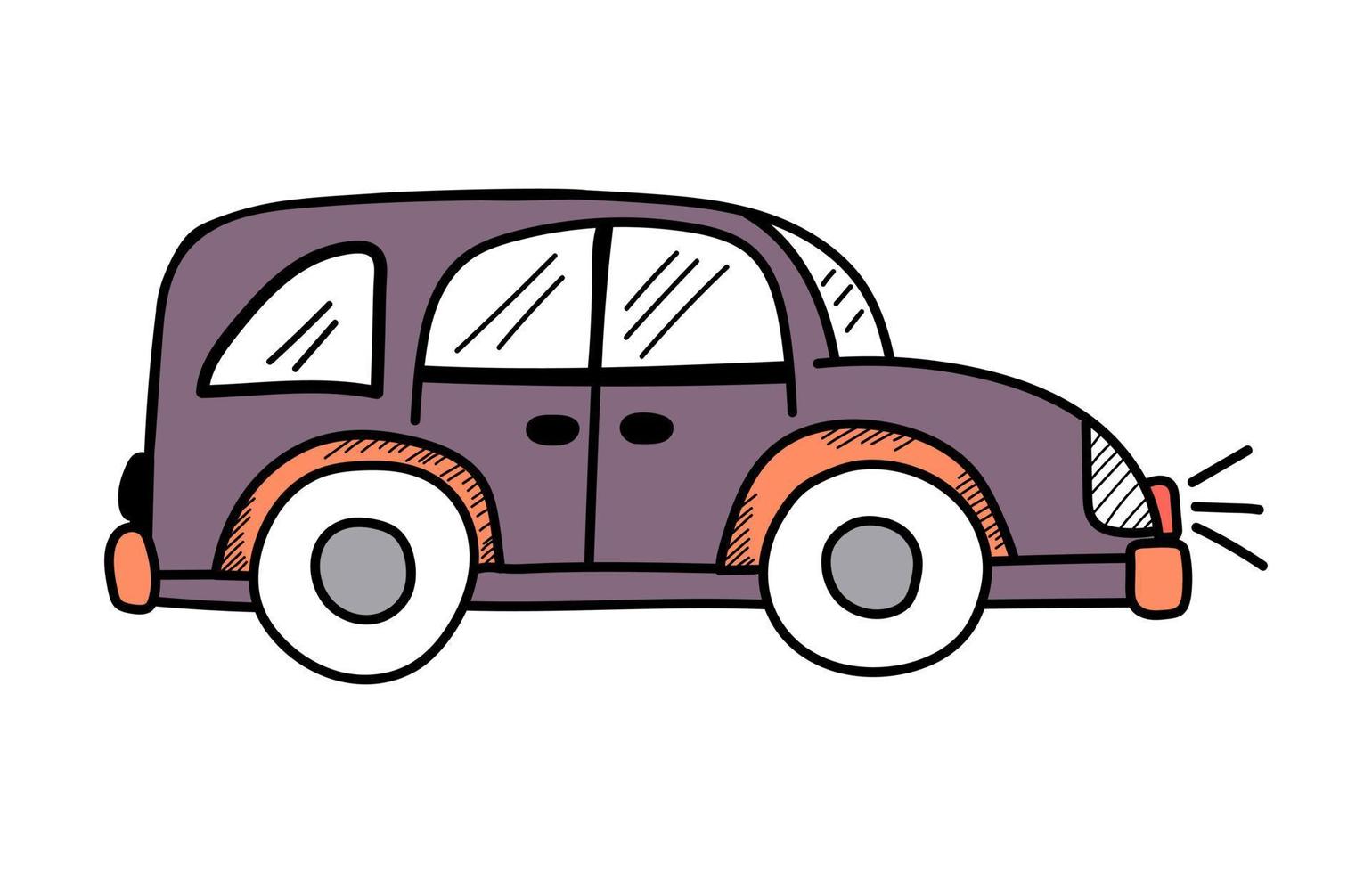 vecteur voiture violette mignonne dans un style doodle sur fond blanc, illustration pour enfants pour cartes postales, affiches, jouets.