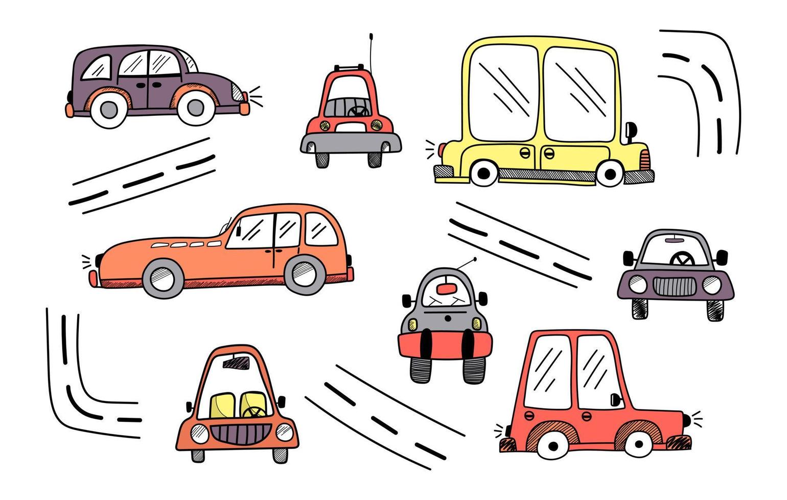 joli ensemble vectoriel de voiture colorée pour enfants dans un style doodle et d'éléments coûteux et isolés sur fond blanc. voiture pour enfants pour cartes postales, bannières, affiches, cadeaux, pyjamas