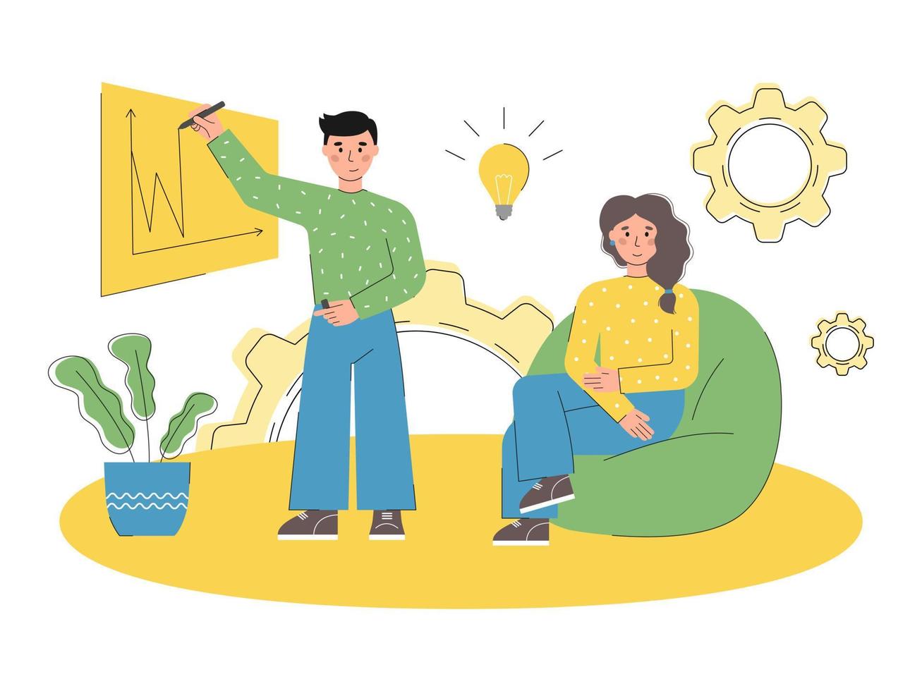 illustration vectorielle plane de concept de marketing d'entreprise. deux personnages prenant part à des activités commerciales. un homme dessine un tableau sur un tableau noir, une femme est assise sur une chaise et regarde. processus de travail en équipe vecteur