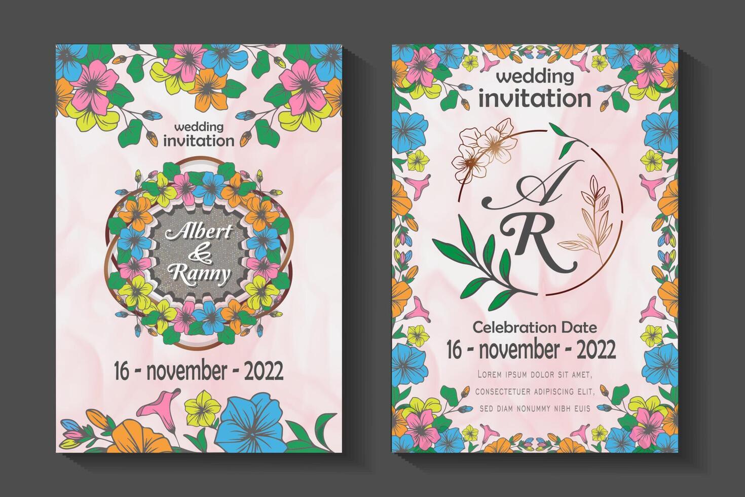 modèle d'invitation de mariage, conception de plantes florales colorées, isolée sur un fond blanc décoré d'aquarelles vecteur