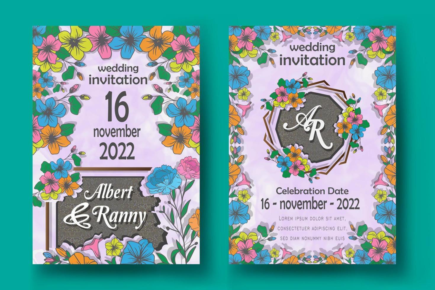 modèle d'invitation de mariage, conception de plantes florales colorées, isolée sur un fond blanc décoré d'aquarelles vecteur