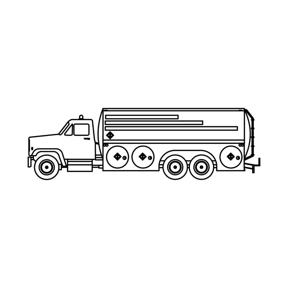Contour d'illustration d'icône de vecteur de transport de camion de carburant. L'industrie du transport du véhicule de l'essence de la remorque de l'essence de la ligne de voiture de camion blanc isolé mince