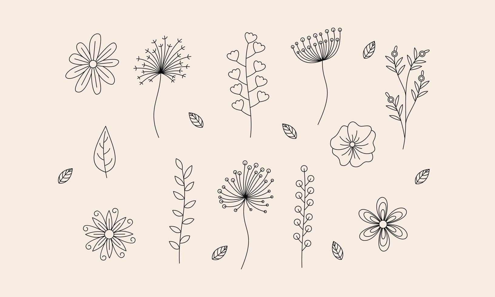 vecteur de doodle fleurs et branches dessinés à la main