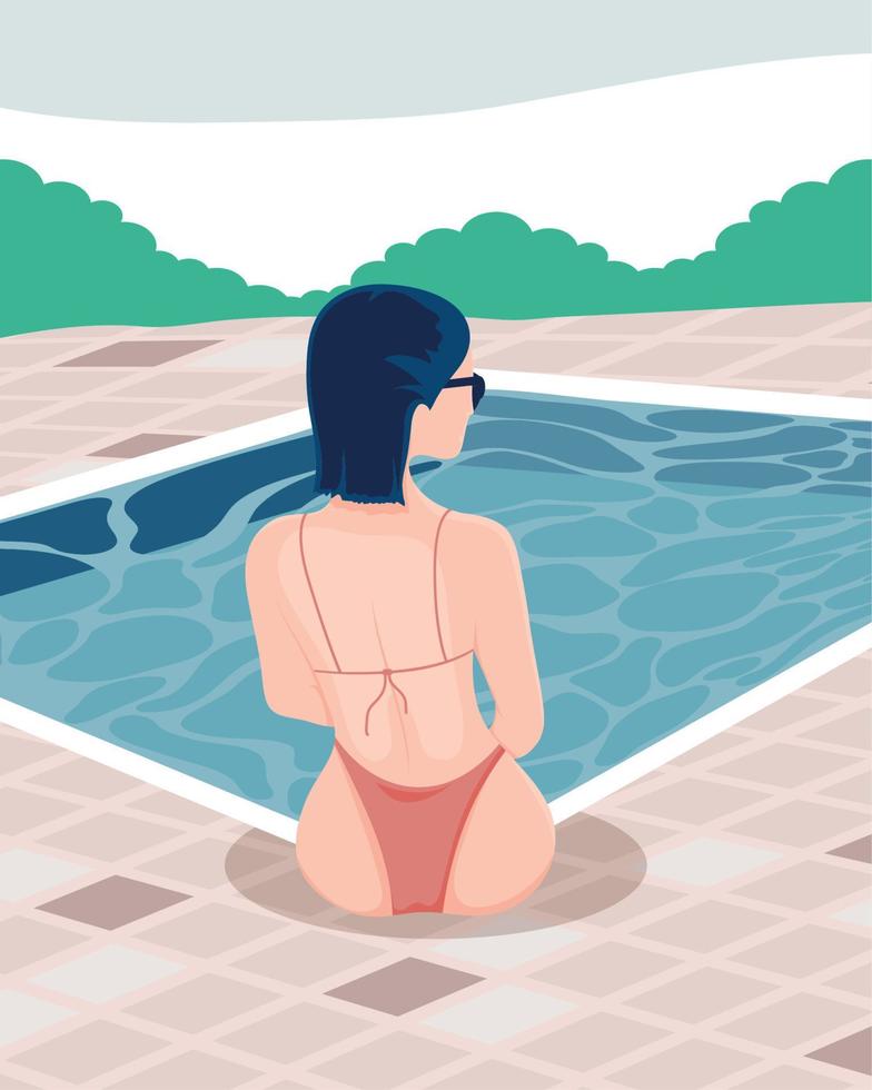 femme avec maillot de bain assis dans la piscine vecteur