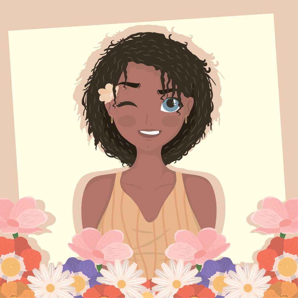 femme afro avec des fleurs vecteur