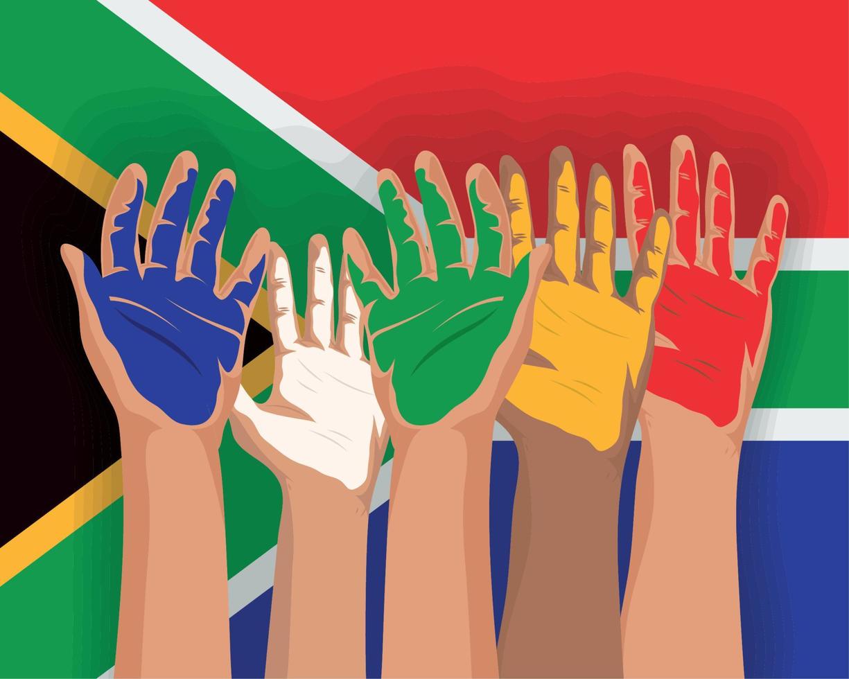 drapeau sud-africain et mains peintes vecteur