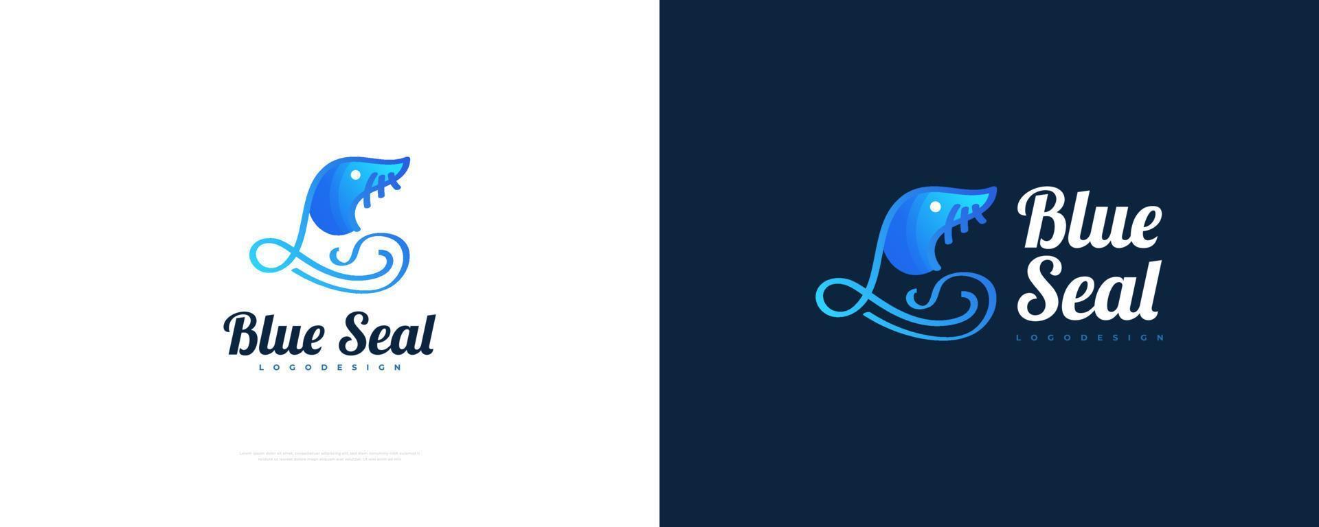 création de logo de sceau bleu. logo de lion de mer dans un style dégradé moderne, adapté pour, restaurant, zoo ou tout logo d'entreprise vecteur