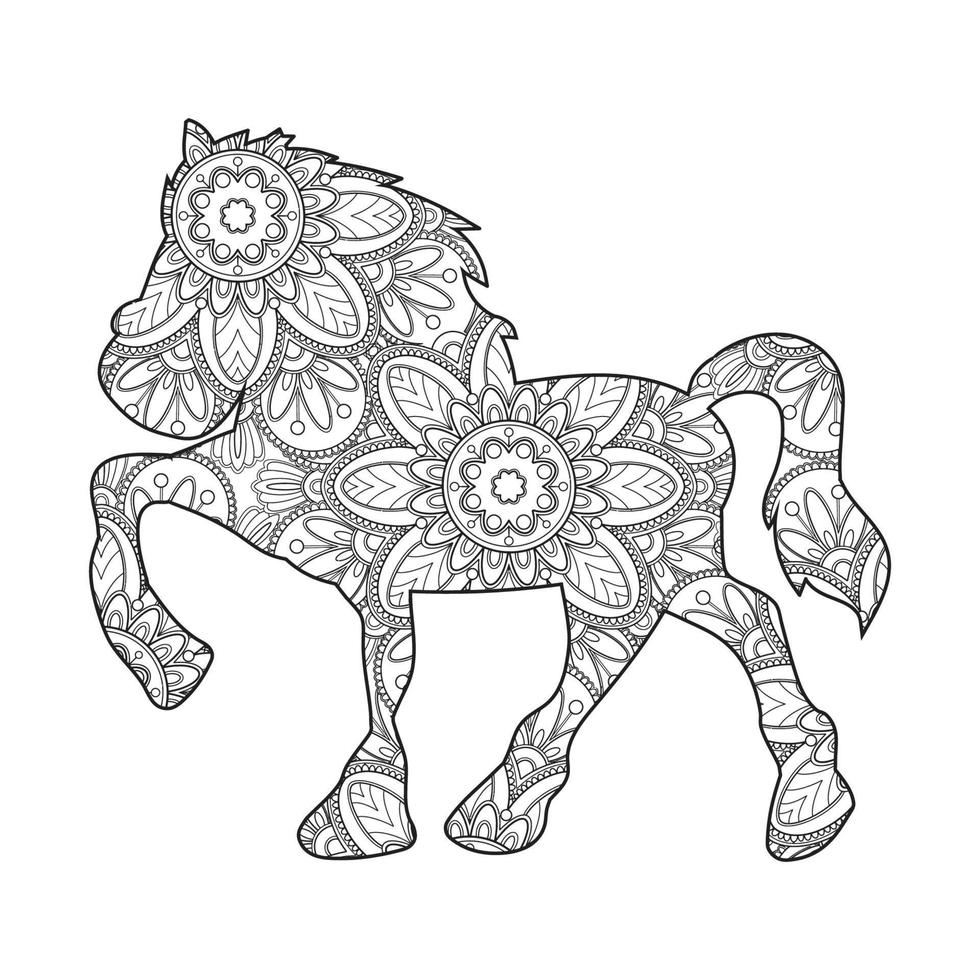 page de coloriage de mandala de cheval pour enfants et adultes, illustration de style de conception d'art vectoriel de mandala animal.