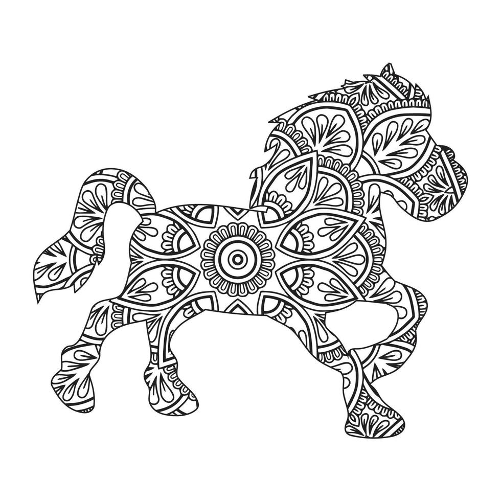 page de coloriage de mandala de cheval pour enfants et adultes, illustration de style de conception d'art vectoriel de mandala animal.