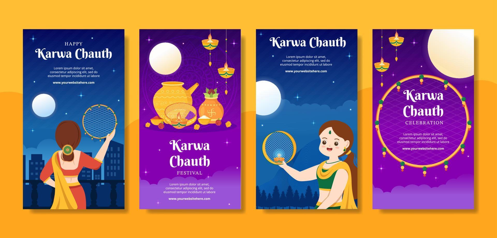 festival de karwa chauth modèle d'histoires de médias sociaux indiens illustration plate de dessin animé dessiné à la main vecteur