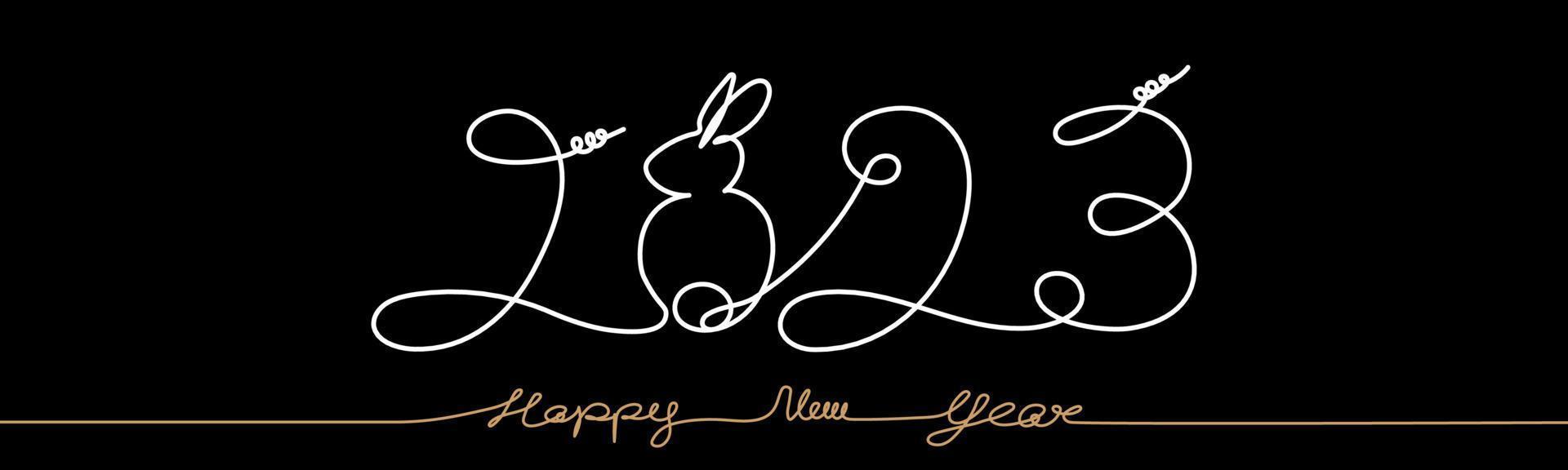 2023 bonne année une ligne continuez à dessiner l'idée pour célébrer l'année du lapin, création de texte de logo d'illustration vectorielle blanc et or, lettrage écrit à la main sur fond noir pour bannière web, calendrier vecteur