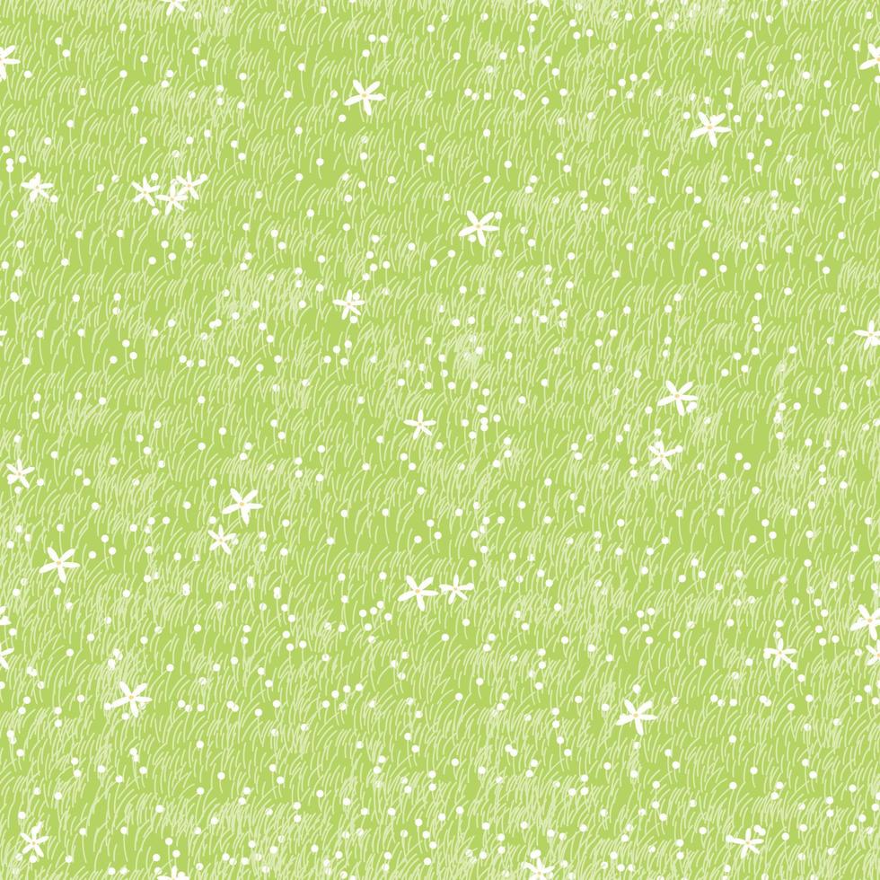 herbe verte sans couture au printemps, texture de champ de pelouse nature modèle d'illustration vectorielle, mignonne petite fleur sauvage blanche sans fin et prairie en été. répéter la surface naturelle pour le fond des vacances vecteur