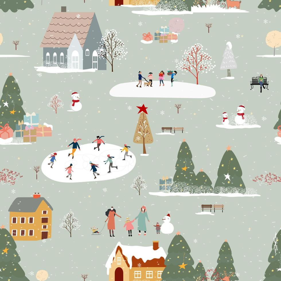 paysage de pays des merveilles d'hiver à motif harmonieux dans le village, illustration vectorielle enfant heureux jouant des patins à glace dans le parc, vie nocturne sans fin de la ville d'hiver en vacances pour noël et nouvel an 2022 arrière-plan vecteur