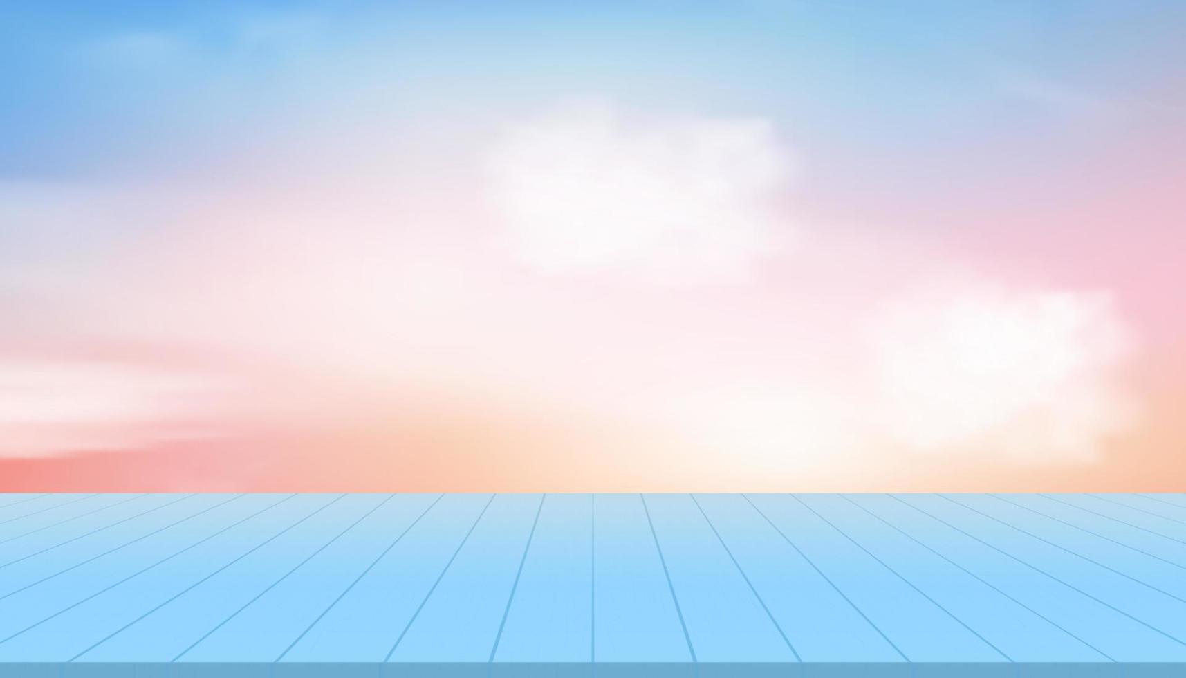 ciel avec nuages moelleux avec dessus de table en bois bleu texture, illustration vectorielle ciel pastel avec panneau en bois, terrasse en bois avec fond de ciel pour noël ou nouvel an présentation produit affichage vecteur