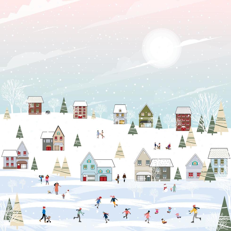 paysage de ville d'hiver à noël avec une foule heureuse de gens célébrant dans le parc la nuit, fond d'hiver de carte de voeux de dessin animé avec neige, enfants s'amusant à jouer à l'extérieur au nouvel an 2023 vecteur