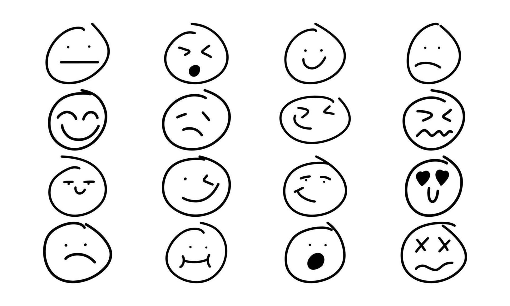 icône de doodle de visage dessiné à la main smiley et sourire à main levée. croquis de signe d'émoticône et illustration vectorielle d'expression de symbole. ensemble d'émotions de personnes de dessin animé et personnage d'humeur dessiné. dessin de tête de caricature mignon vecteur