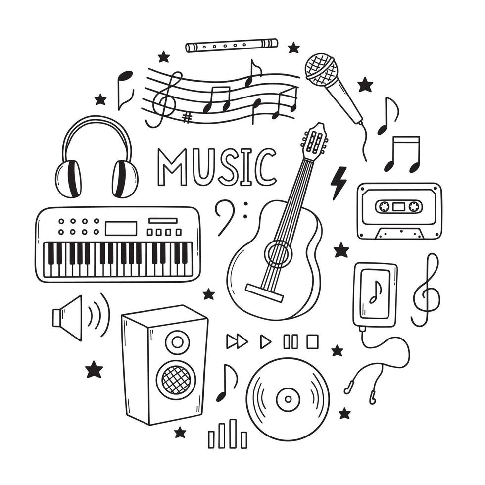 doodle de musique dessiné à la main. instruments de musique, notes, écouteurs en style croquis. vecteur