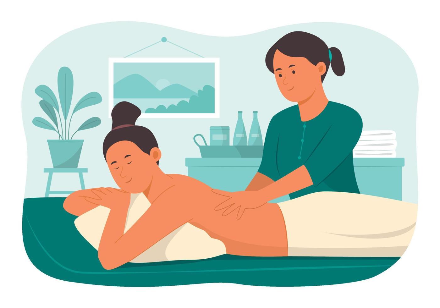 femme relaxante avec massage du corps dans un salon de spa vecteur