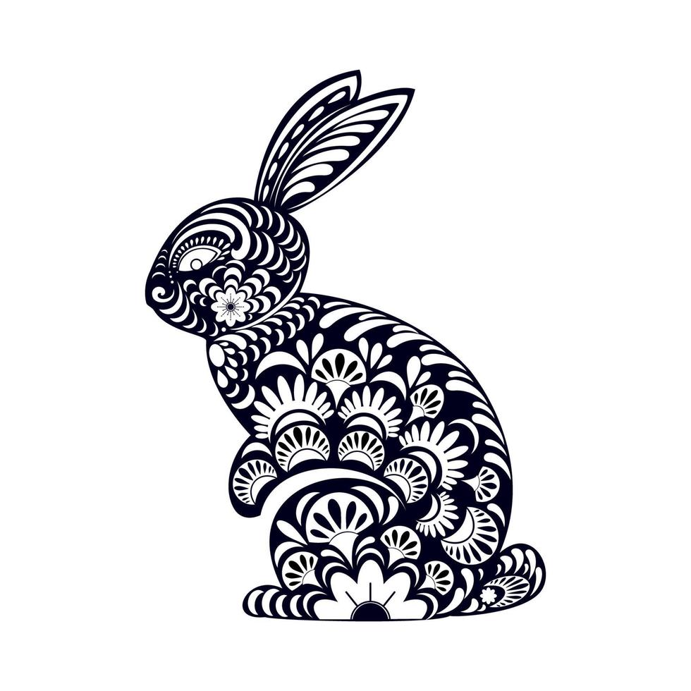 2023 année de lapin avec papier art coupé fond blanc, zodiaque chinois, beau lapin de Pâques avec lièvre fantaisie floral avec motif découpé au laser pour découpe ou modèle vecteur