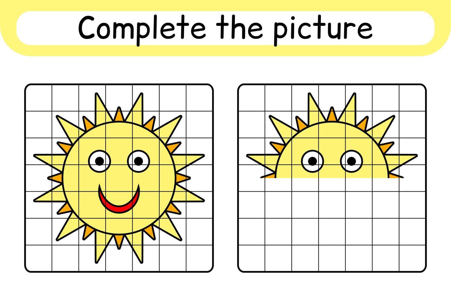 compléter le tableau soleil. copier l'image et la couleur. terminer l'image. livre de coloriage. jeu d'exercices de dessin éducatif pour les enfants vecteur